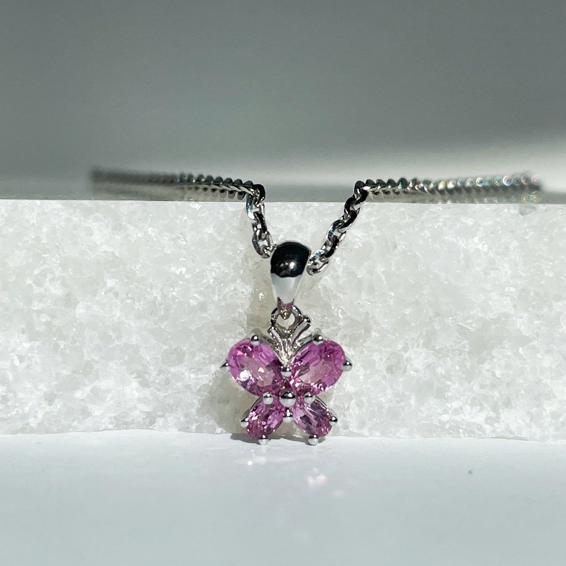 14K Solid Gold Genuine Pink Sapphire Butterfly Pendant