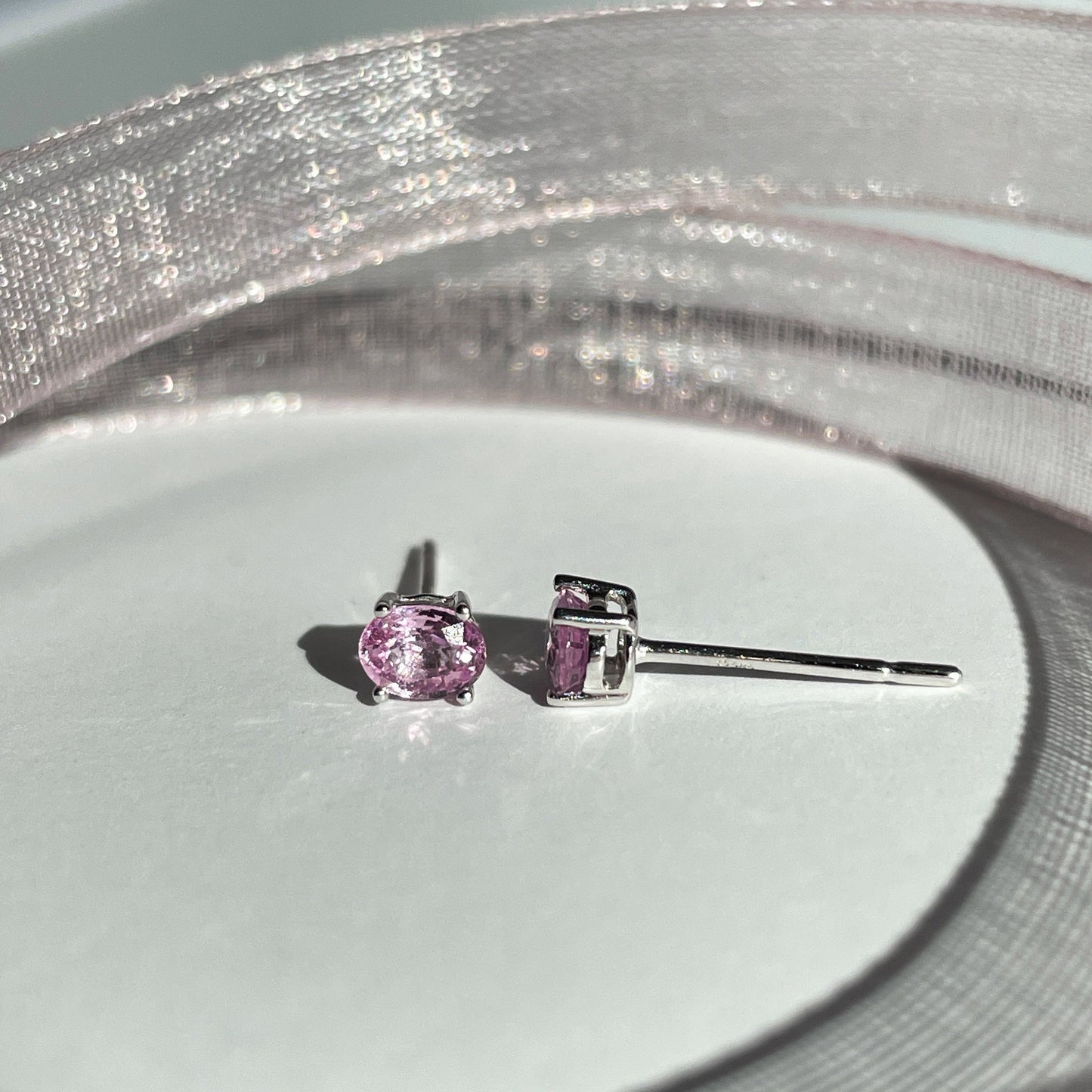 14K Solid Gold Genuine Oval Pink Sapphire Studs