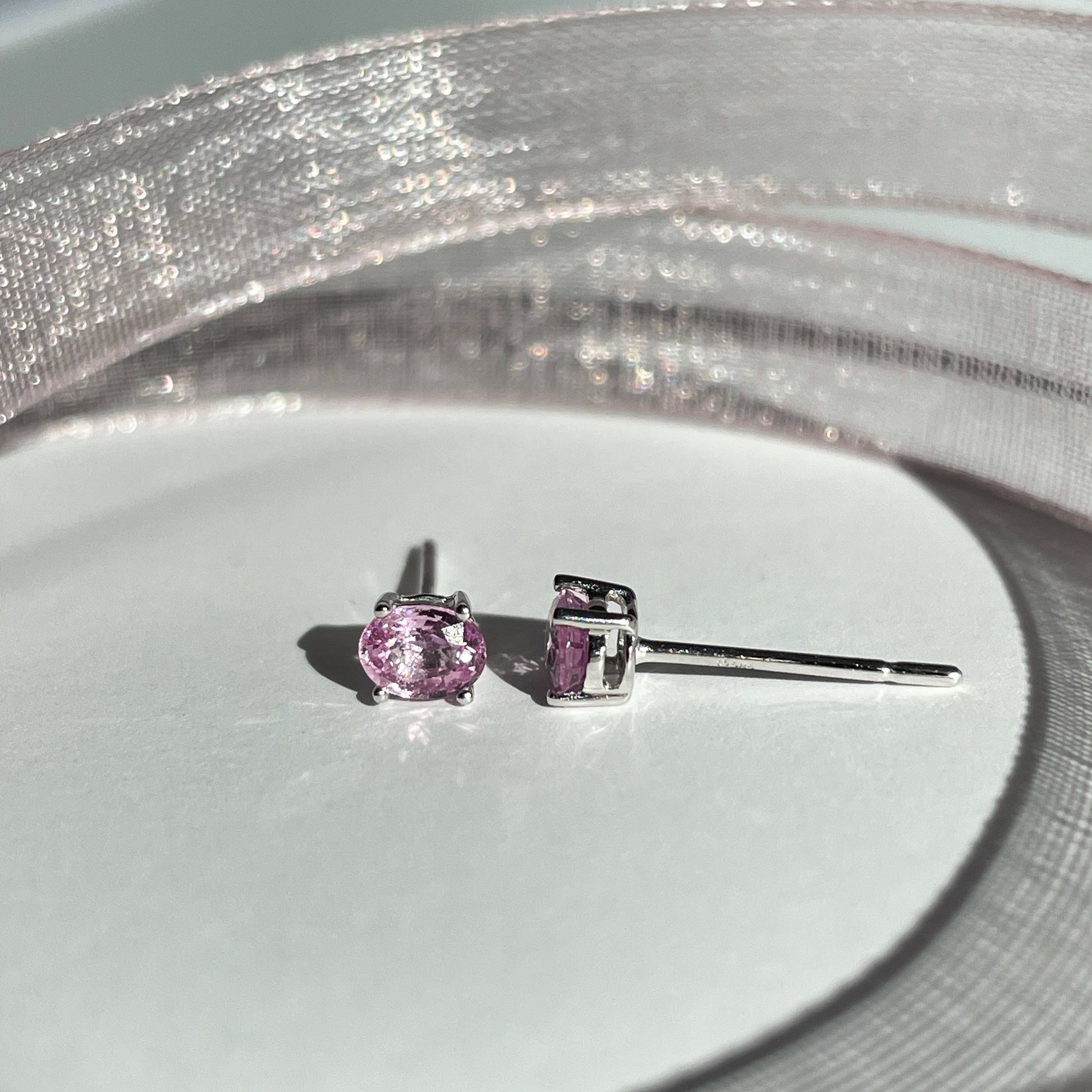 14K Solid Gold Genuine Oval Pink Sapphire Studs