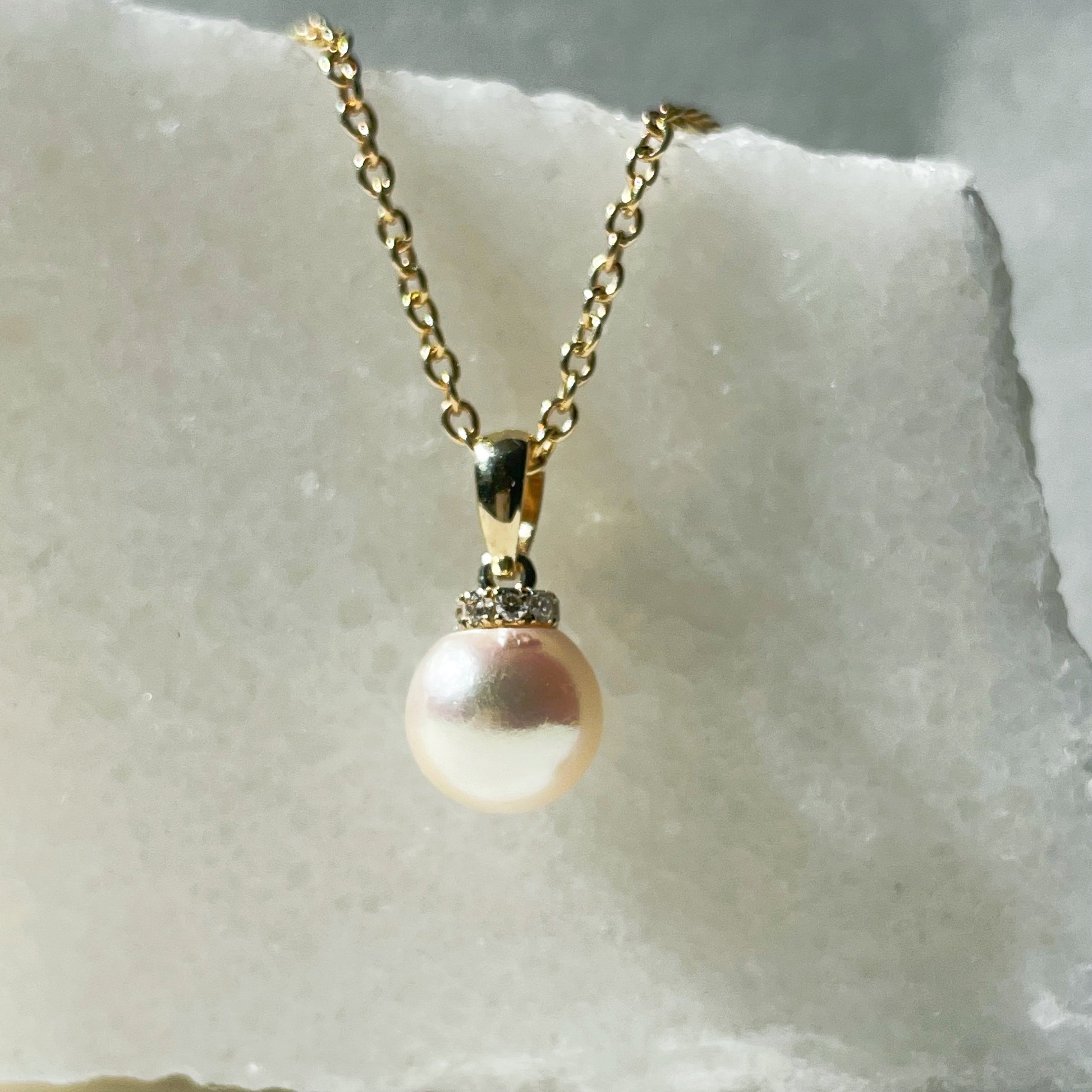 14K Solid Gold Genuine Diamond and Pearl Pendant