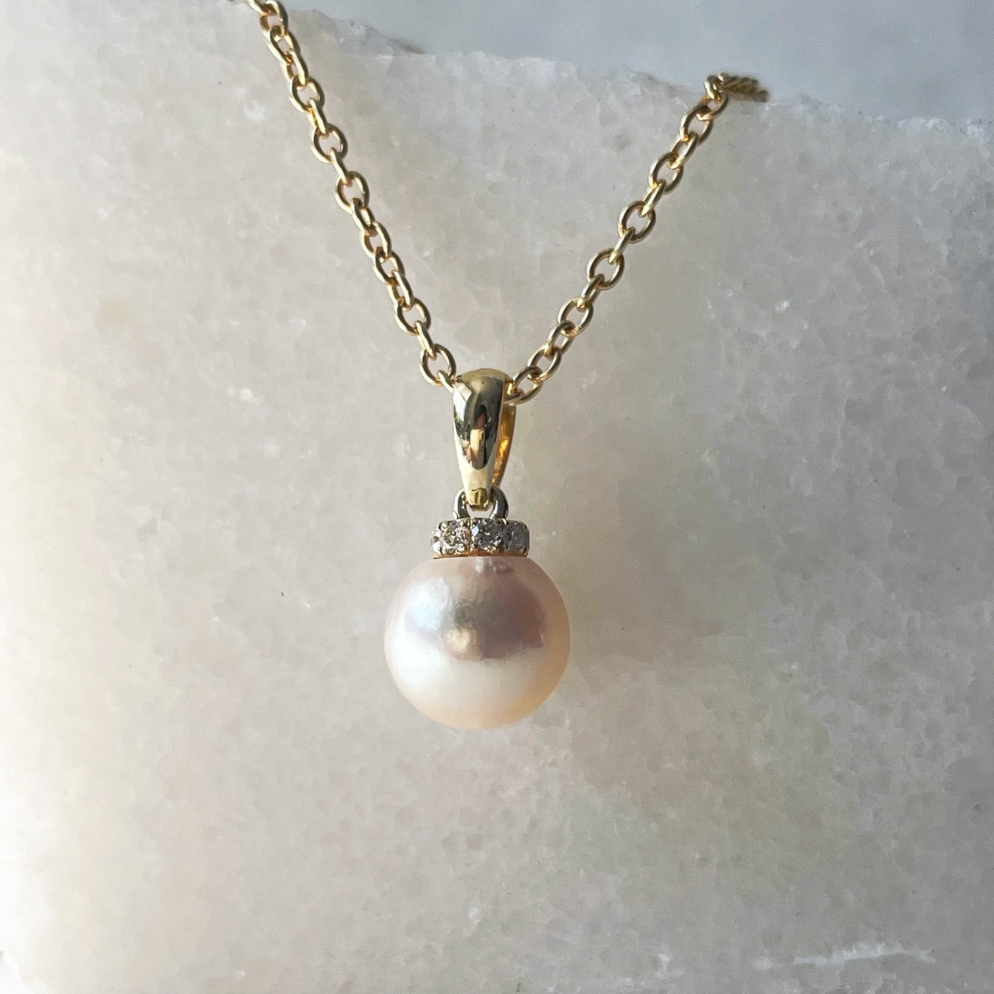 14K Solid Gold Genuine Diamond and Pearl Pendant