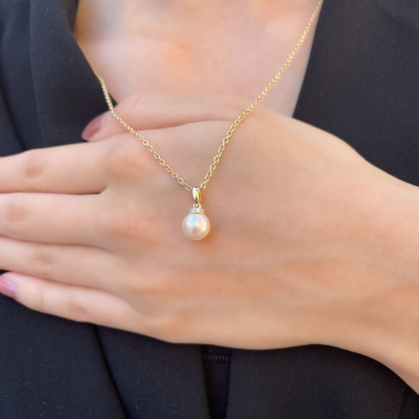 14K Solid Gold Genuine Diamond and Pearl Pendant