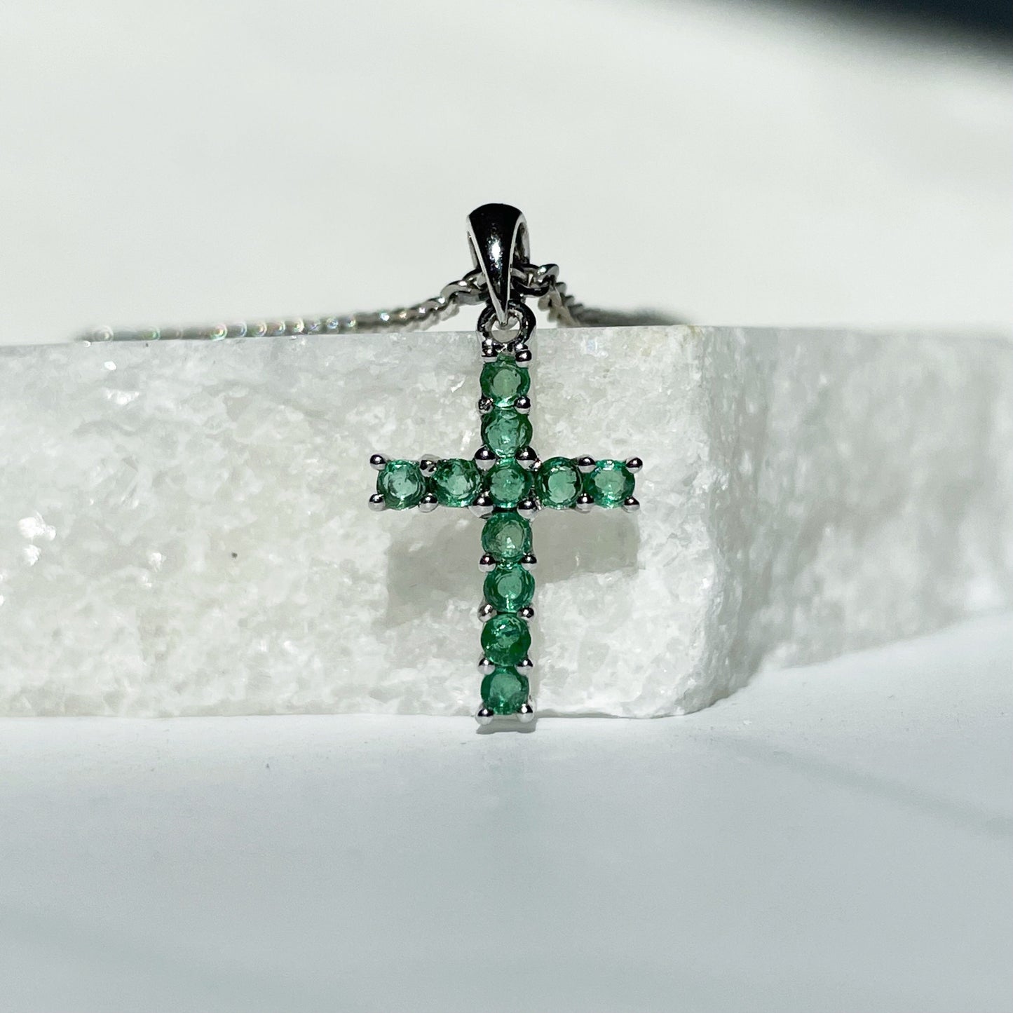 14K Solid Gold Genuine Emerald Cross Pendant
