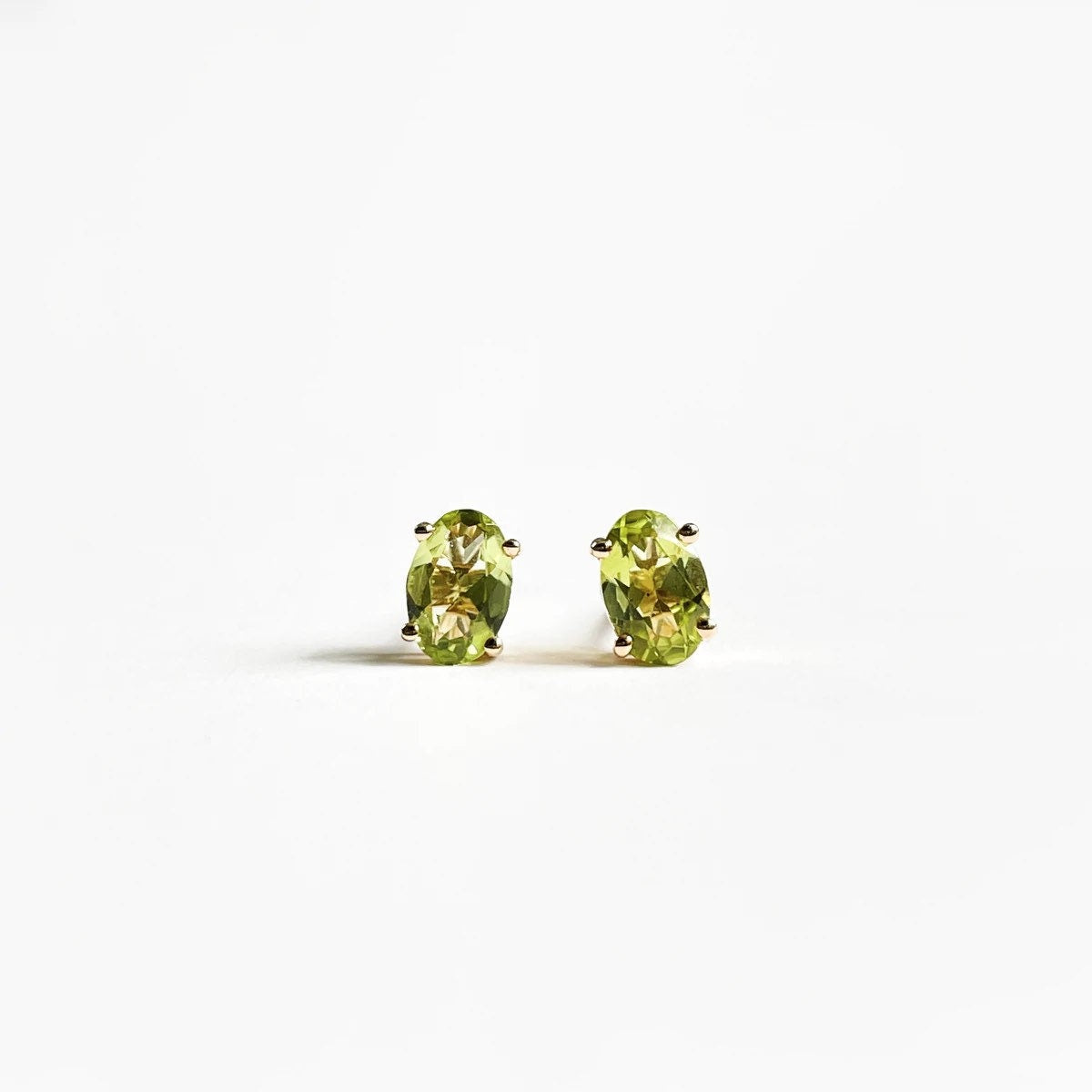 14K Solid Gold Natural Peridot Stud Earrings | Genuine Peridot Earrings | August Birthstone | Oval Gold Studs | Fine Jewelry Gift for Her