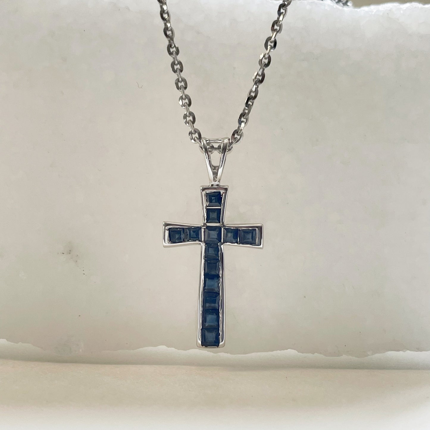 14K Solid Gold Sapphire Cross Pendant