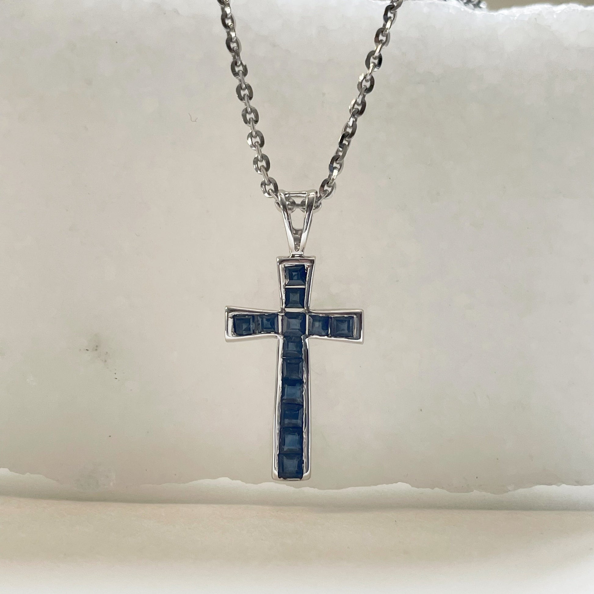 14K Solid Gold Sapphire Cross Pendant