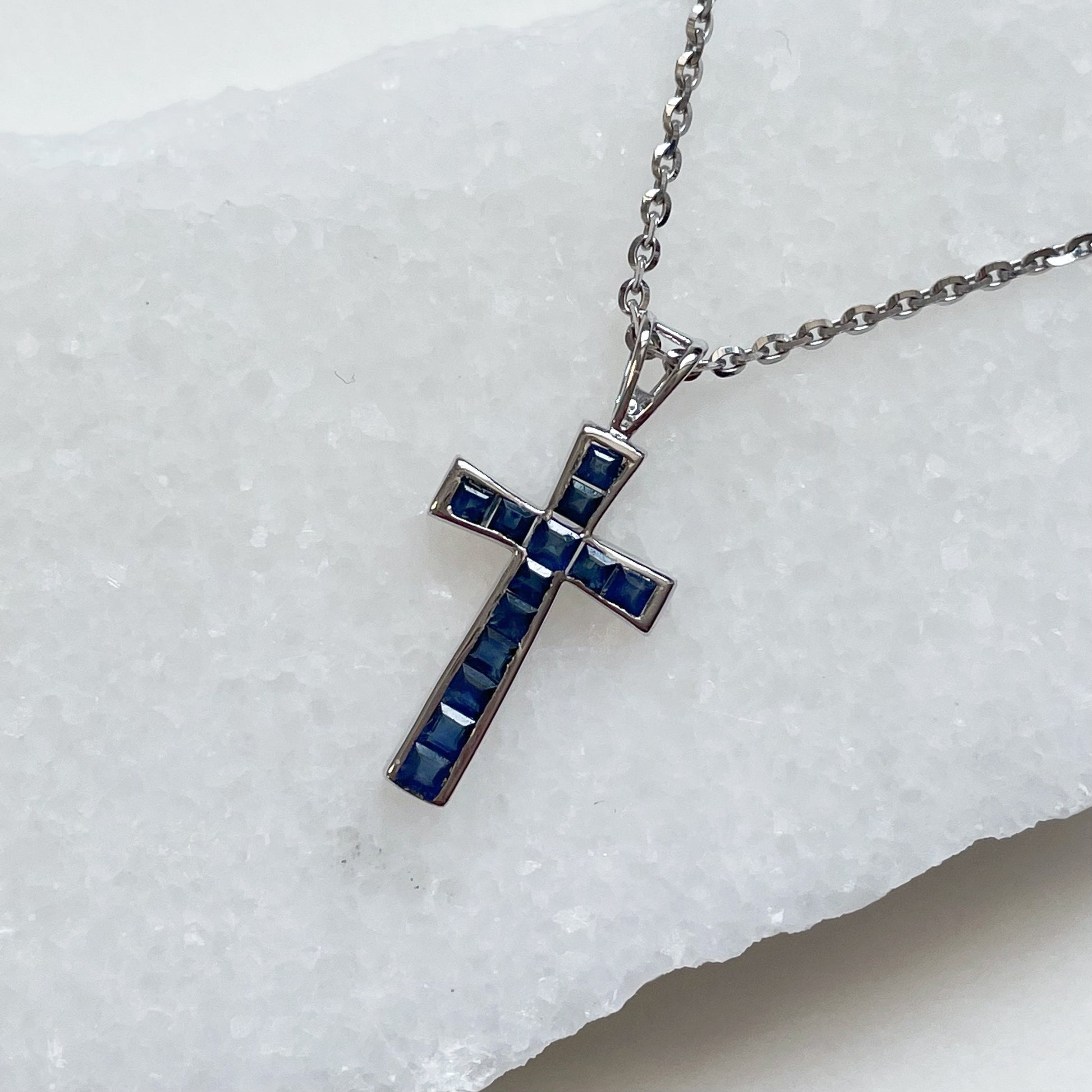 14K Solid Gold Sapphire Cross Pendant