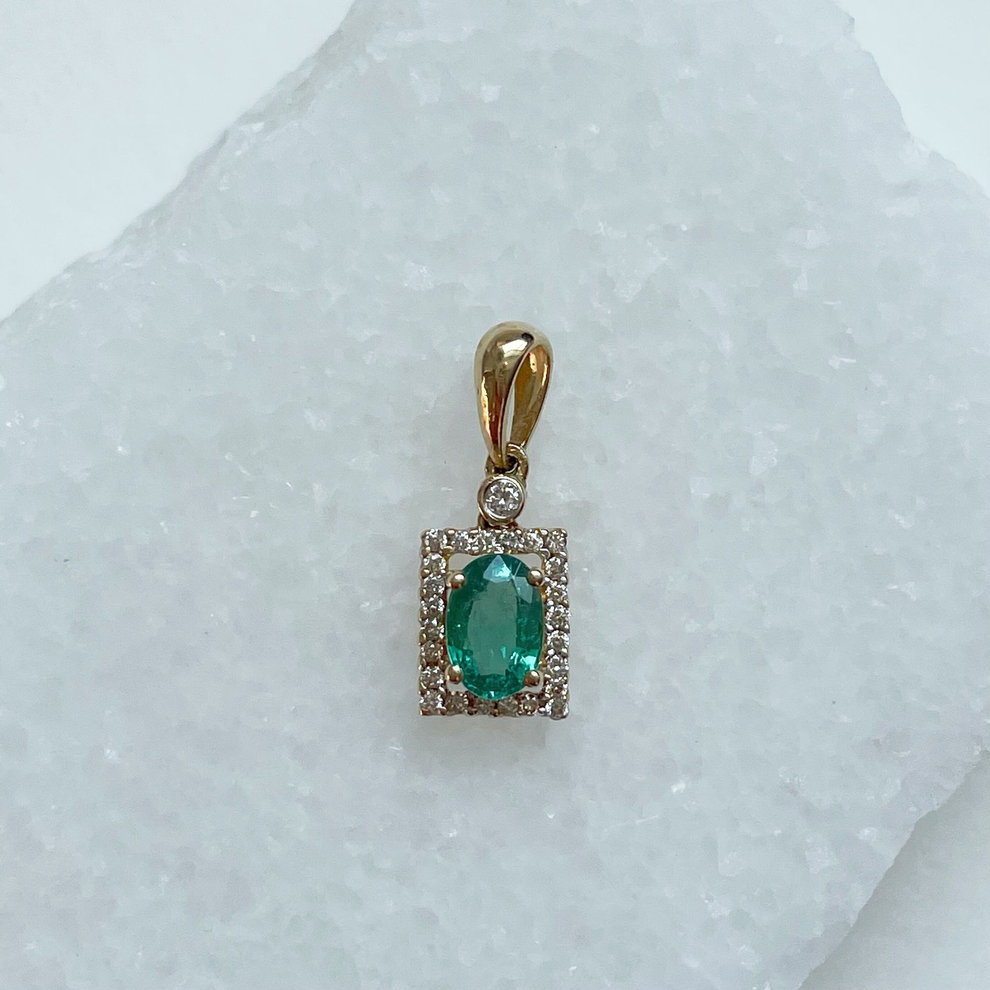14K Solid Gold Genuine Emerald and Diamond Pendant