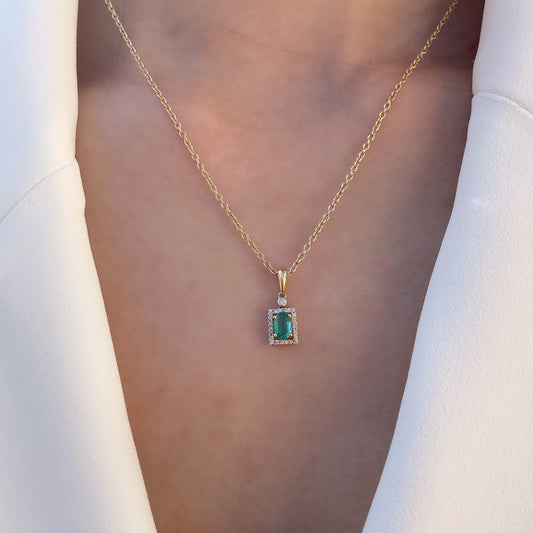 14K Solid Gold Genuine Emerald and Diamond Pendant