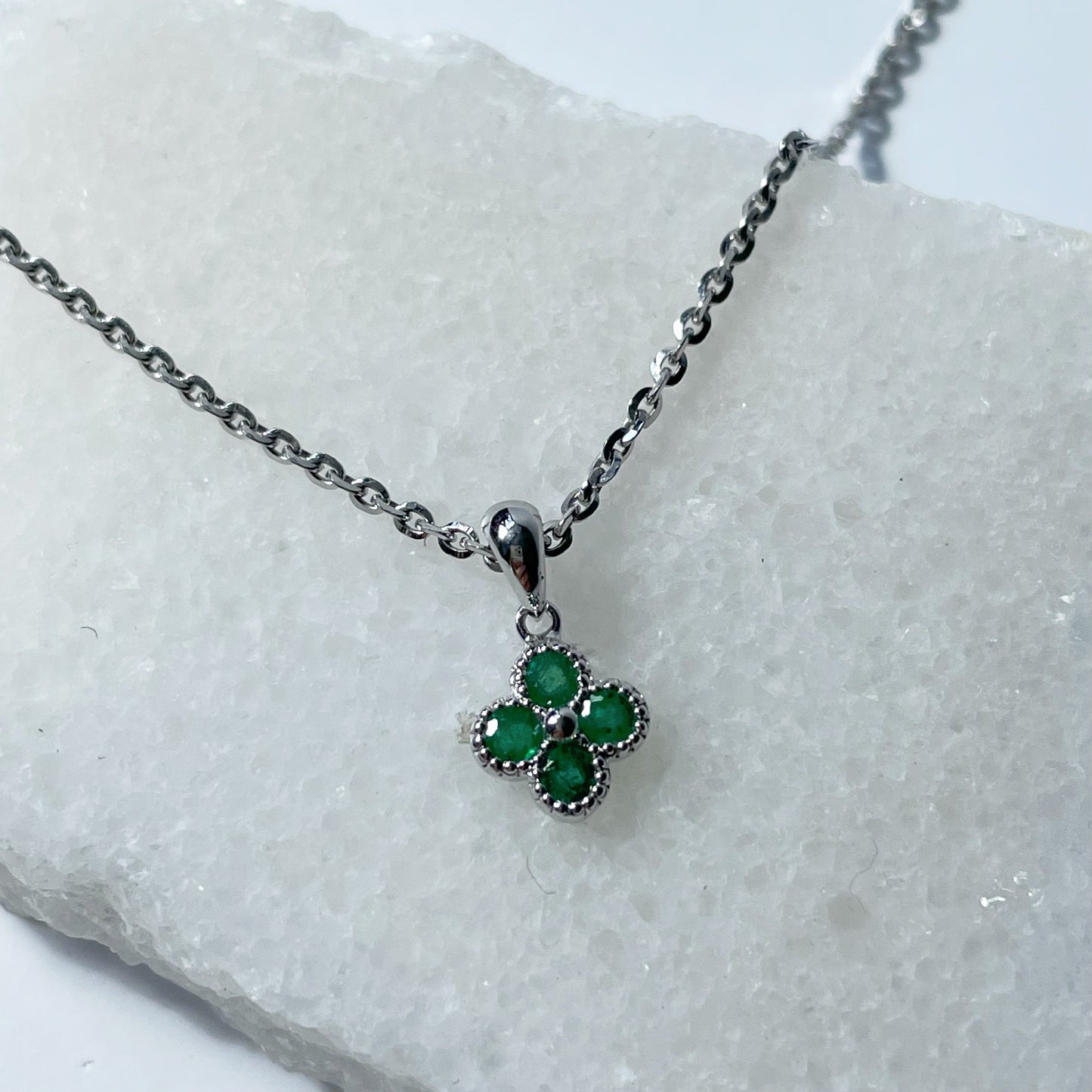 14K Solid Gold Genuine Emerald Clover Pendant