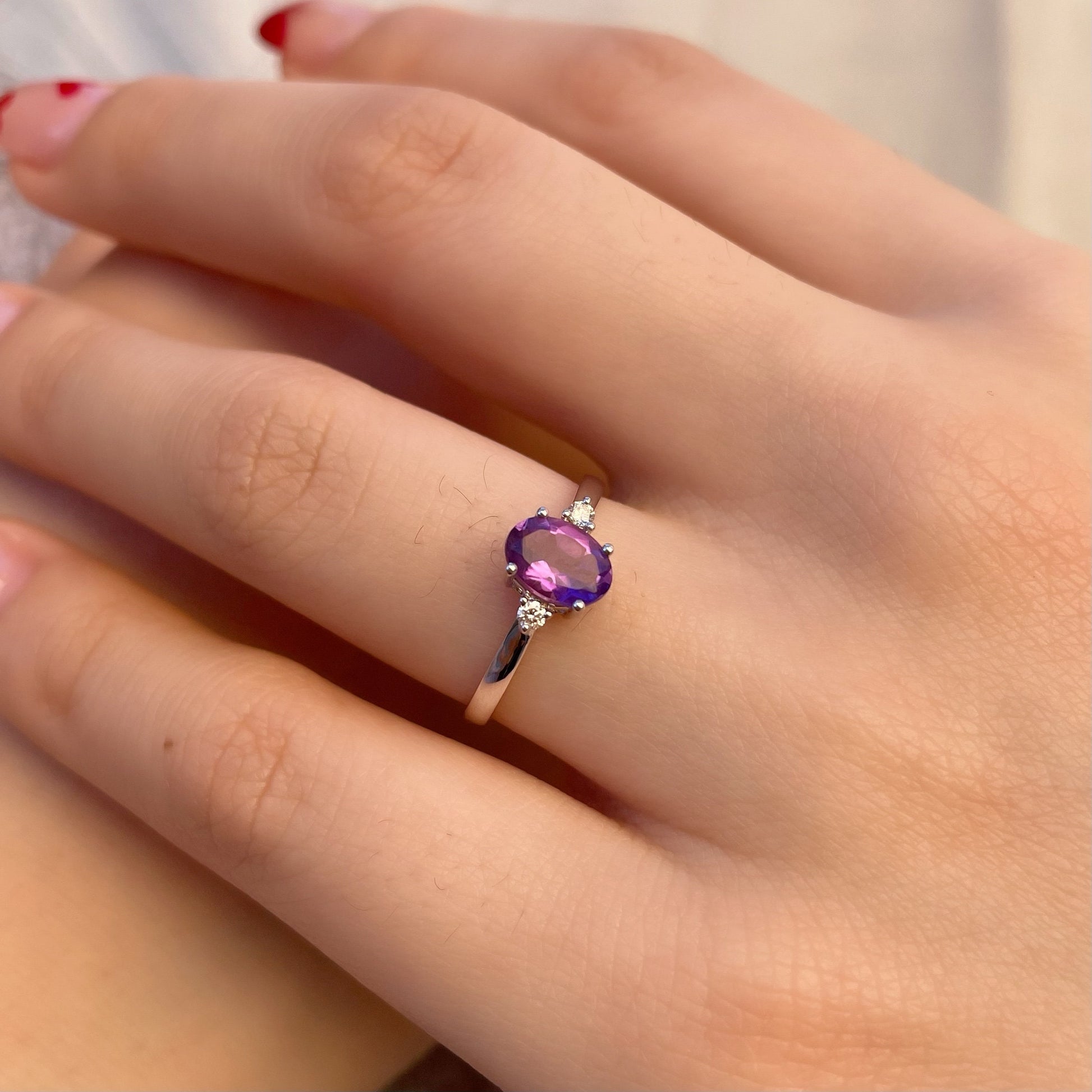 14K Solid Gold Genuine Amethyst and Diamond Ring