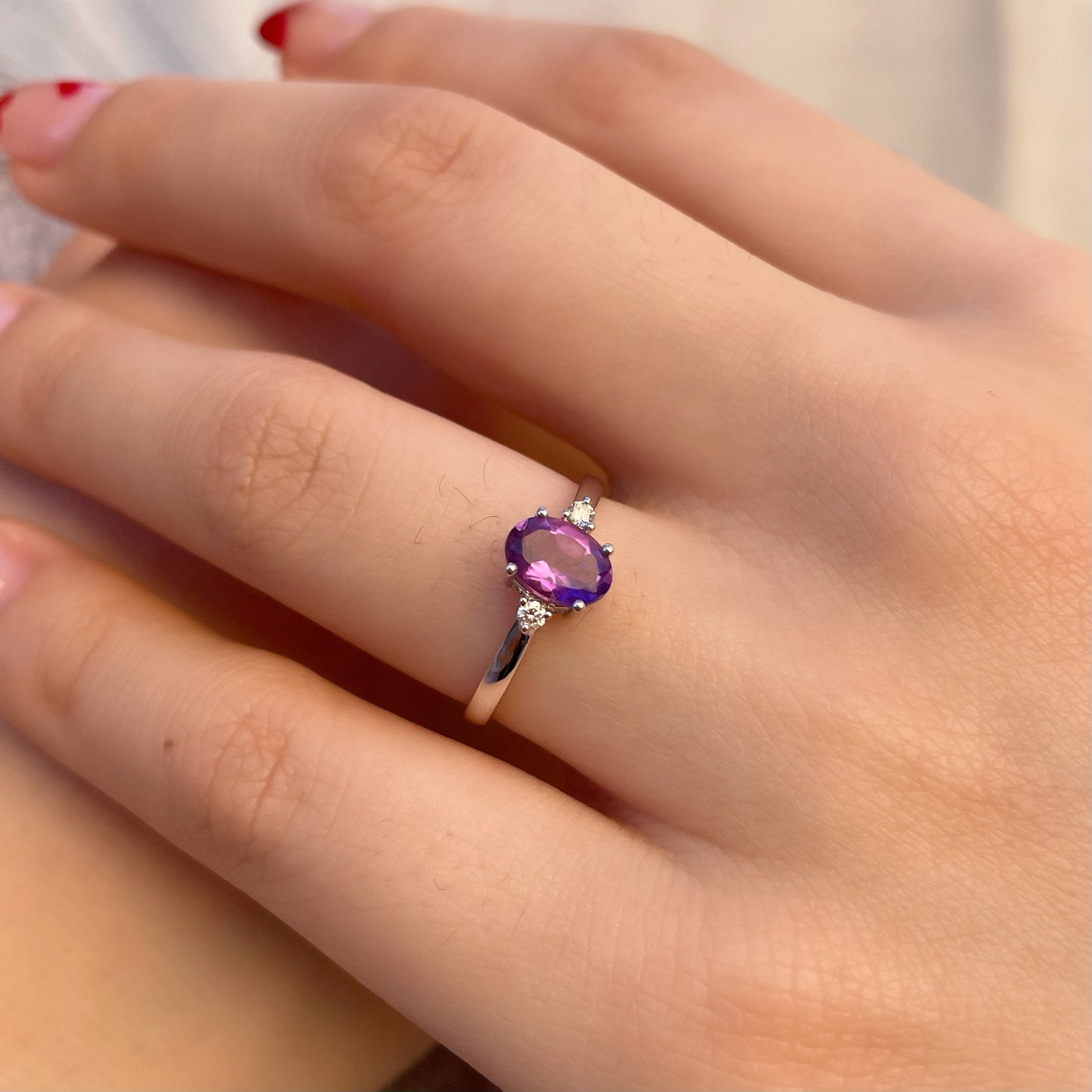 14K Solid White Gold Natural Amethyst Diamond Ring | Genuine Amethyst Engagement Ring | Oval February Birthstone Promise Ring