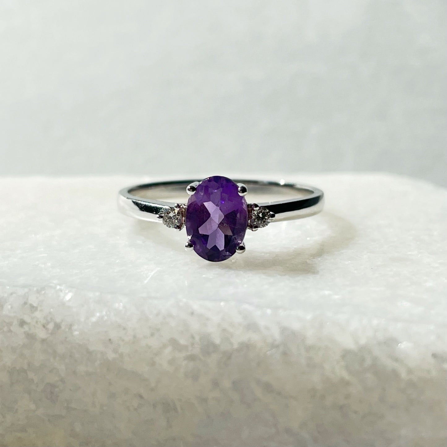 14K Solid Gold Genuine Amethyst and Diamond Ring