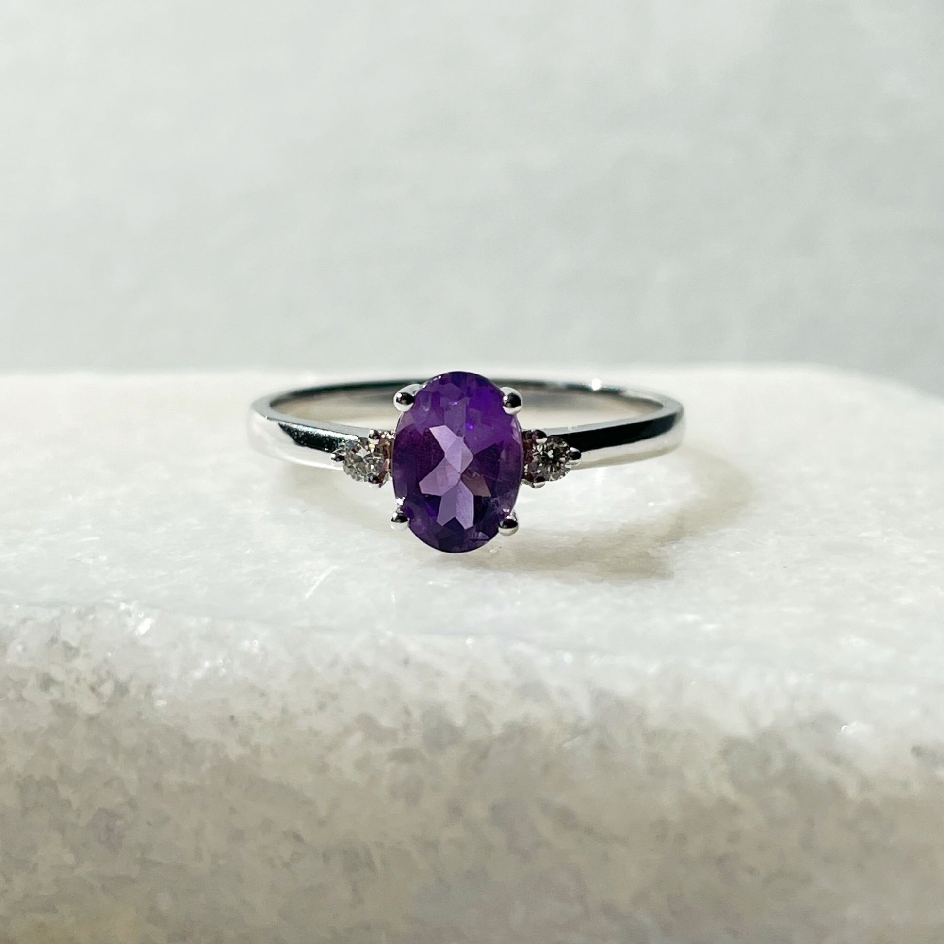 14K Solid Gold Genuine Amethyst and Diamond Ring