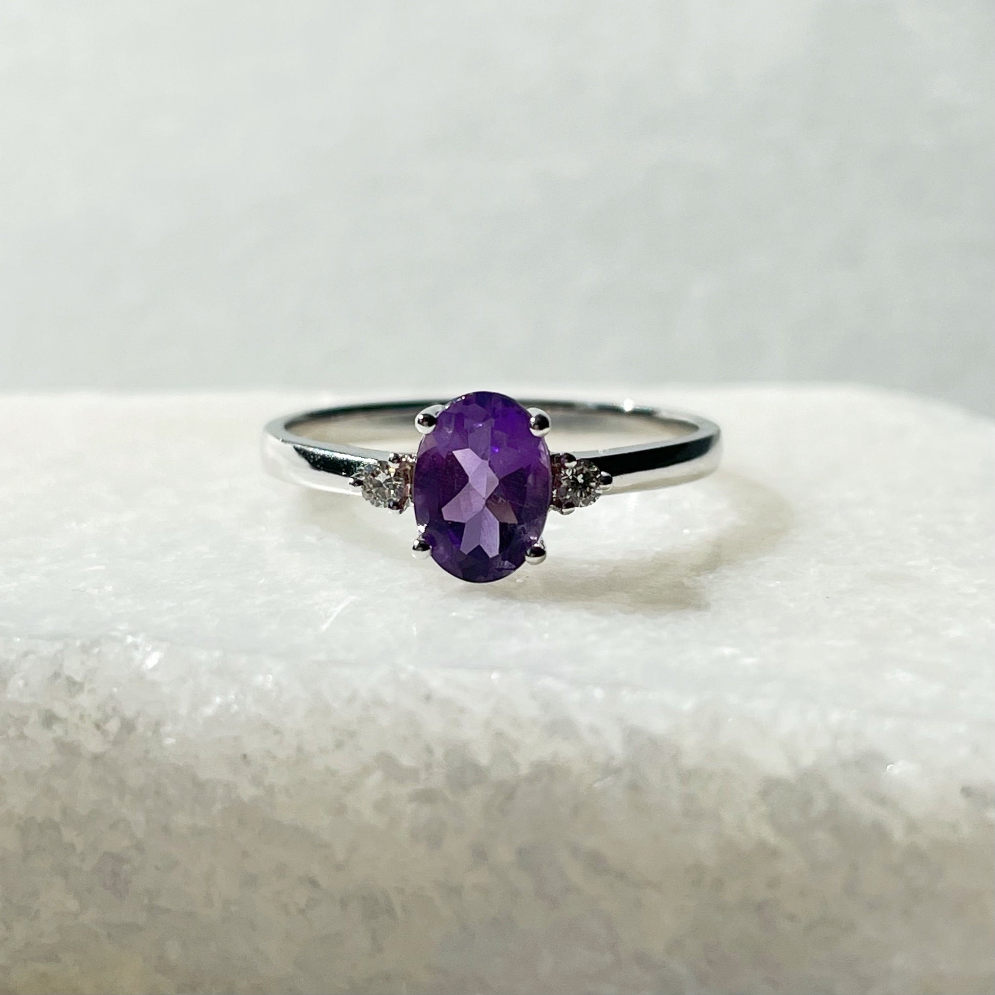 14K Solid White Gold Natural Amethyst Diamond Ring | Genuine Amethyst Engagement Ring | Oval February Birthstone Promise Ring