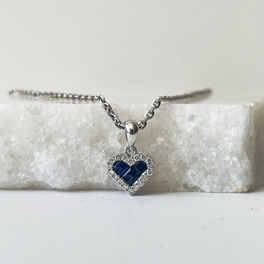 14K Solid Gold Sapphire and Diamond Heart Pendant