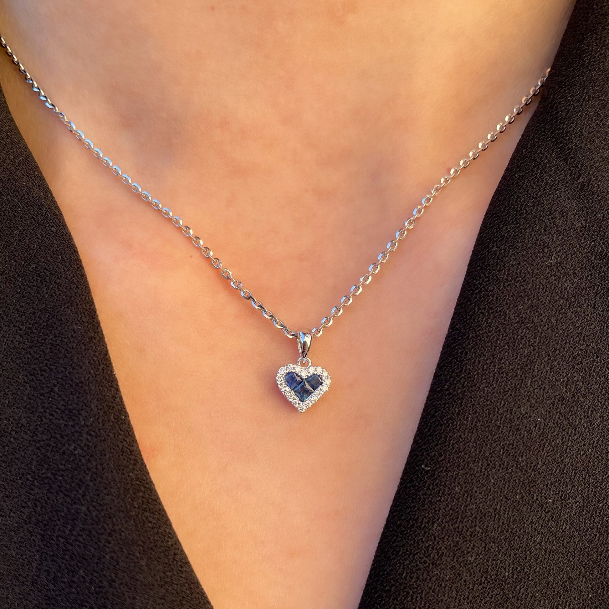 14K Solid Gold Sapphire and Diamond Heart Pendant