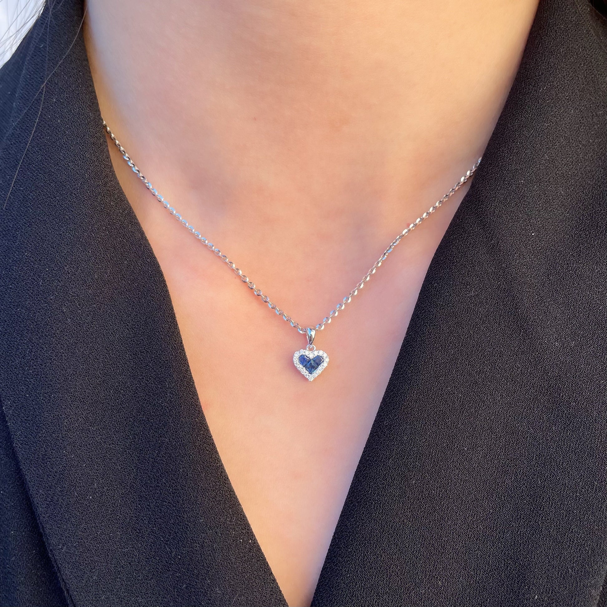 14K Solid Gold Sapphire and Diamond Heart Pendant