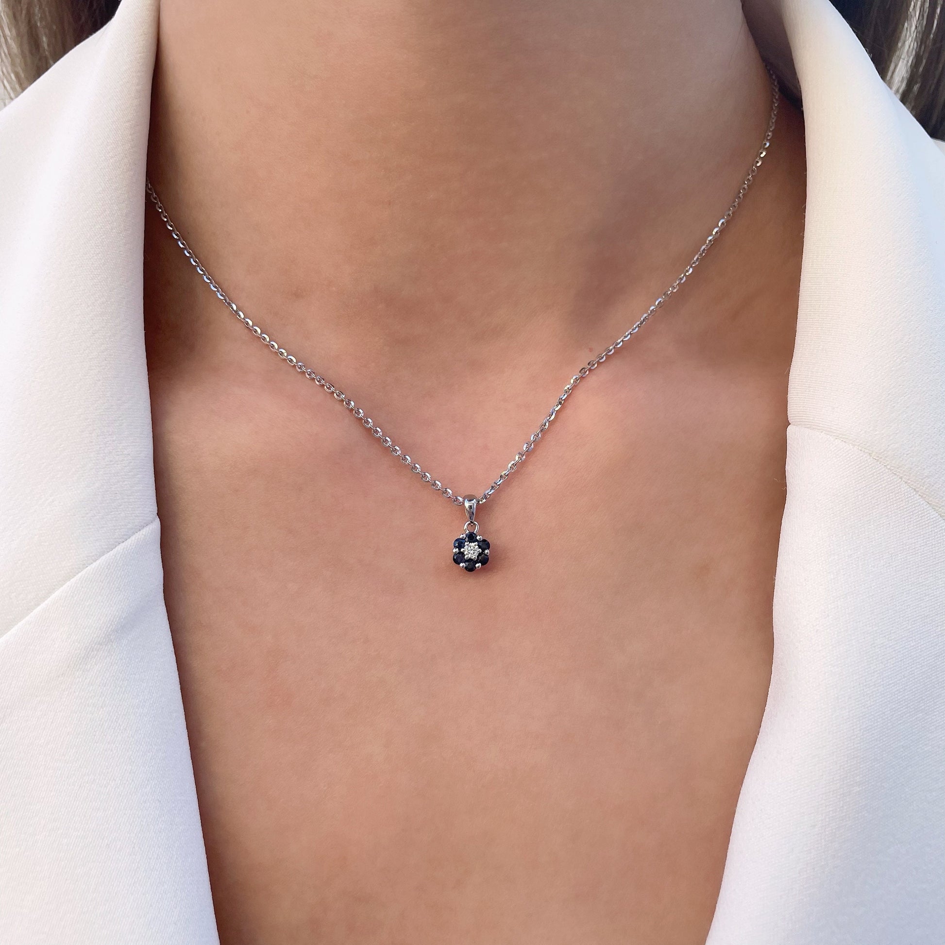 14K Solid Gold Genuine Sapphire and Diamond Flower Pendant