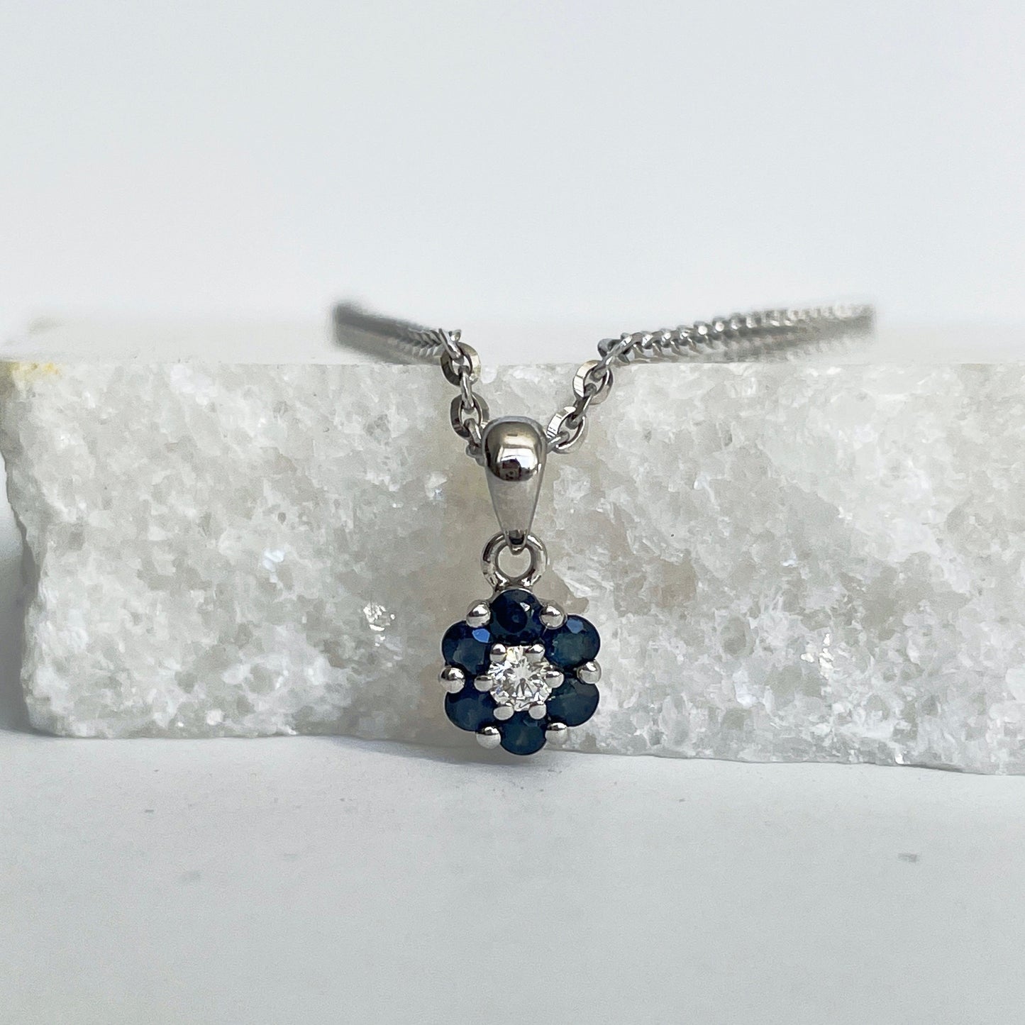 14K Solid Gold Genuine Sapphire and Diamond Flower Pendant