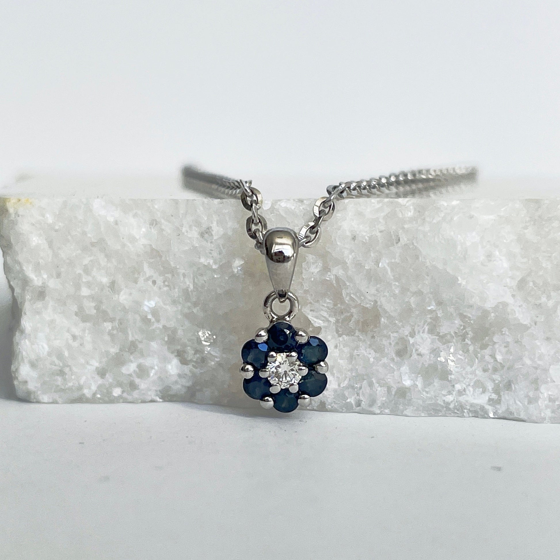 14K Solid Gold Genuine Sapphire and Diamond Flower Pendant