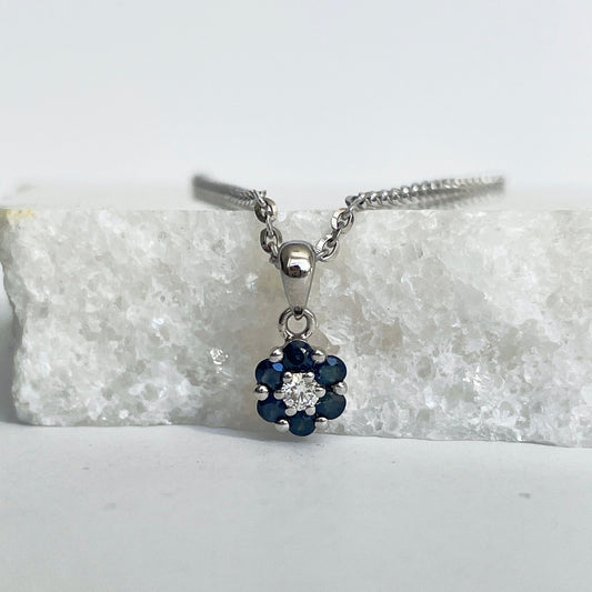 14K Solid Gold Genuine Sapphire and Diamond Flower Pendant