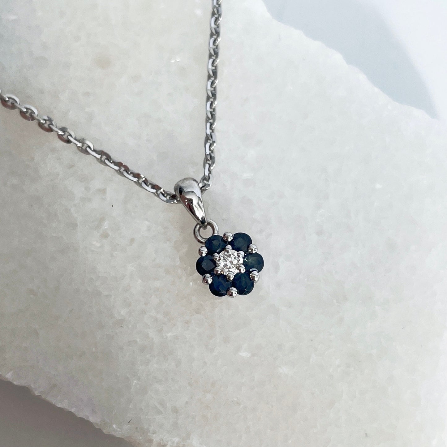 14K Solid Gold Genuine Sapphire and Diamond Flower Pendant