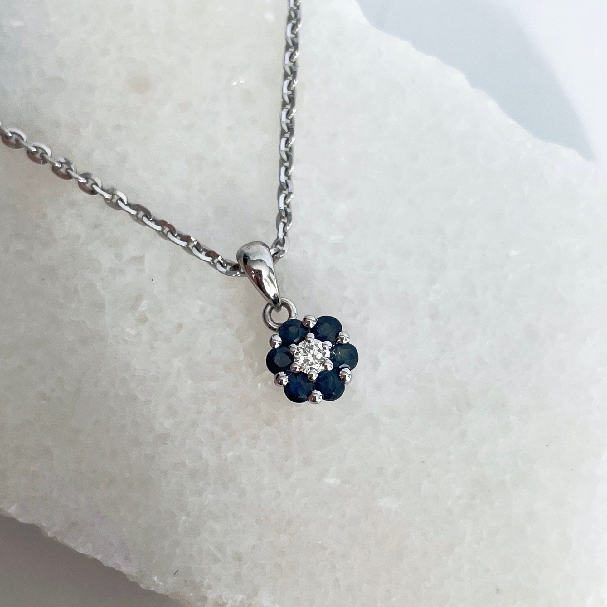 14K Solid Gold Genuine Sapphire and Diamond Flower Pendant