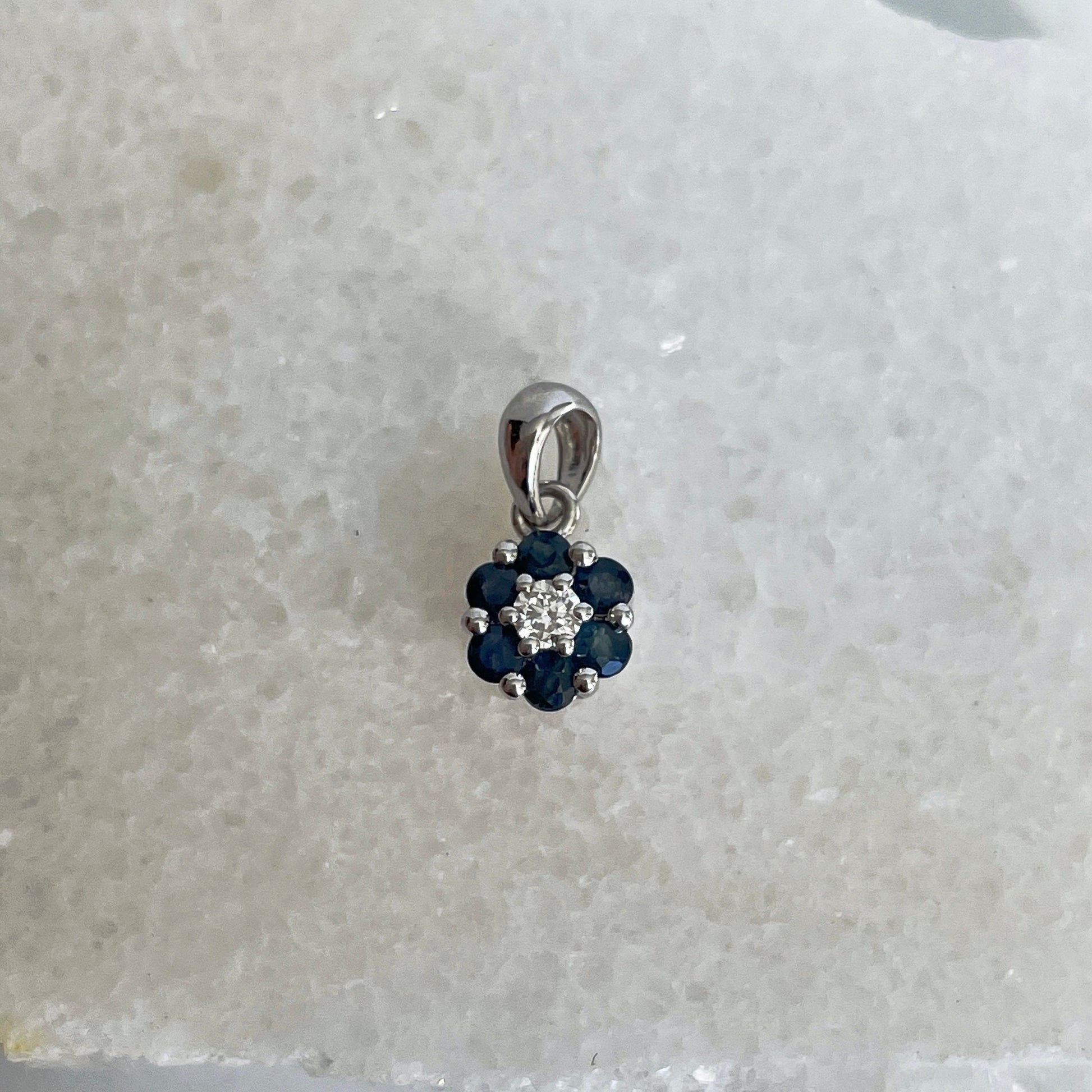 14K Solid Gold Genuine Sapphire and Diamond Flower Pendant