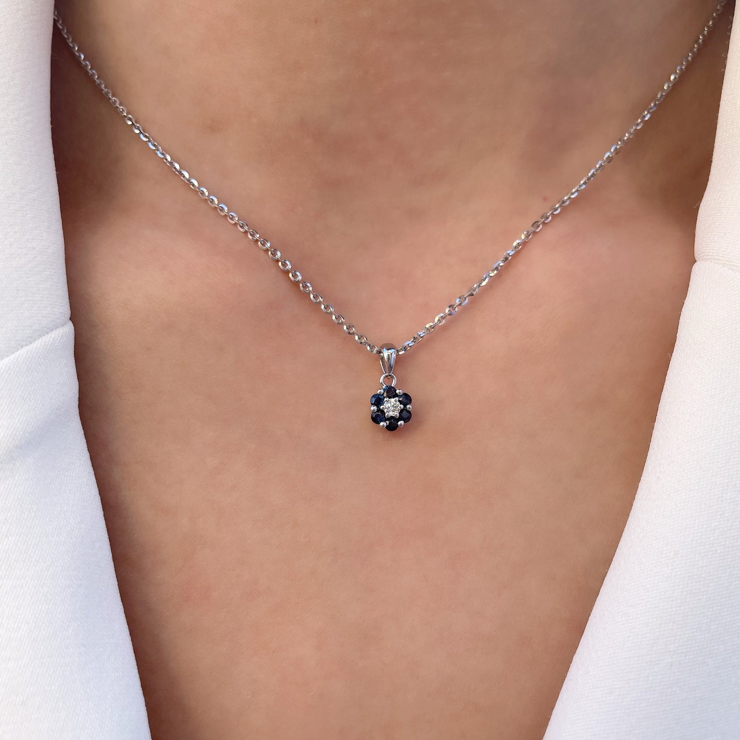 14K Solid Gold Genuine Sapphire and Diamond Flower Pendant