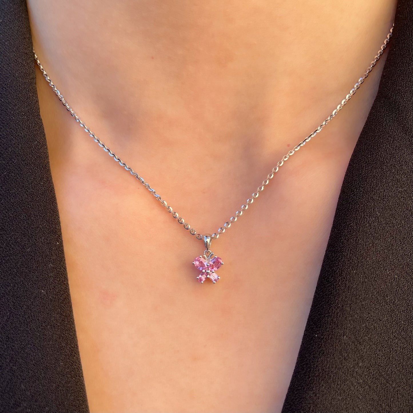 14K Solid Gold Genuine Pink Sapphire Butterfly Pendant