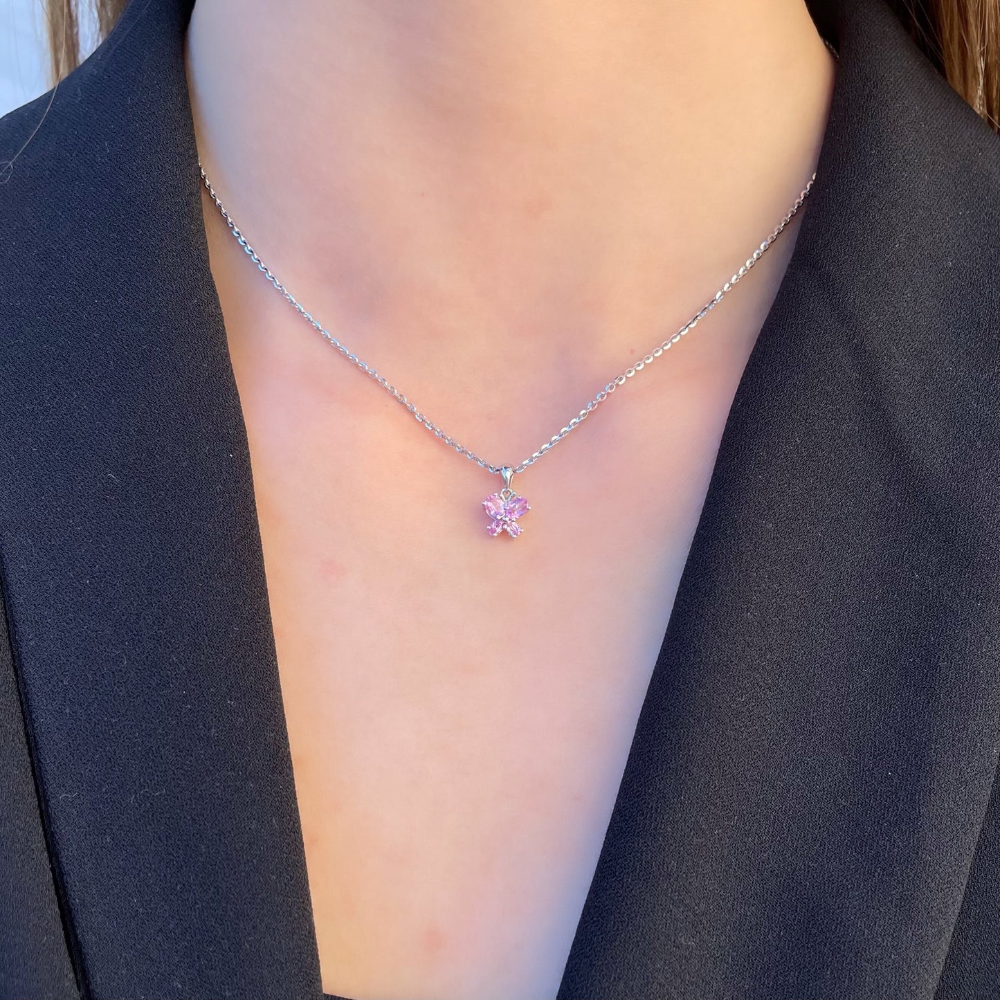 14K Solid Gold Genuine Pink Sapphire Butterfly Pendant