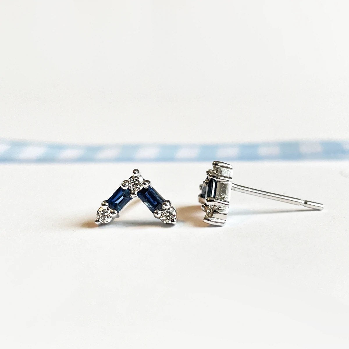 14K Solid Gold Sapphire and Diamond Chevron Studs