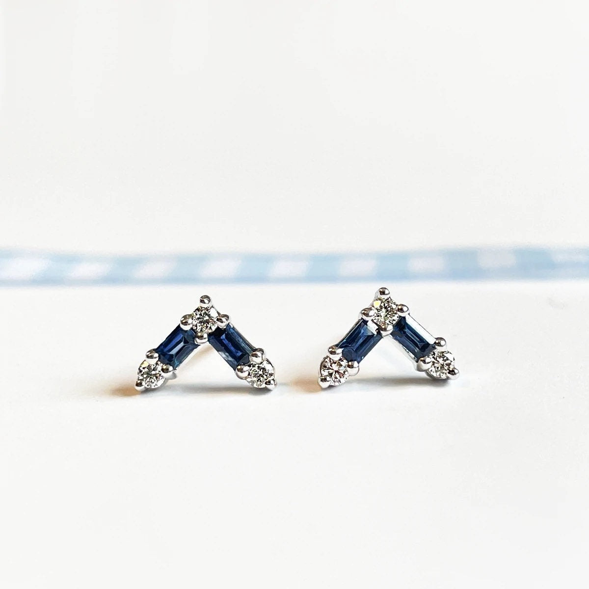 14K Solid Gold Sapphire and Diamond Chevron Studs