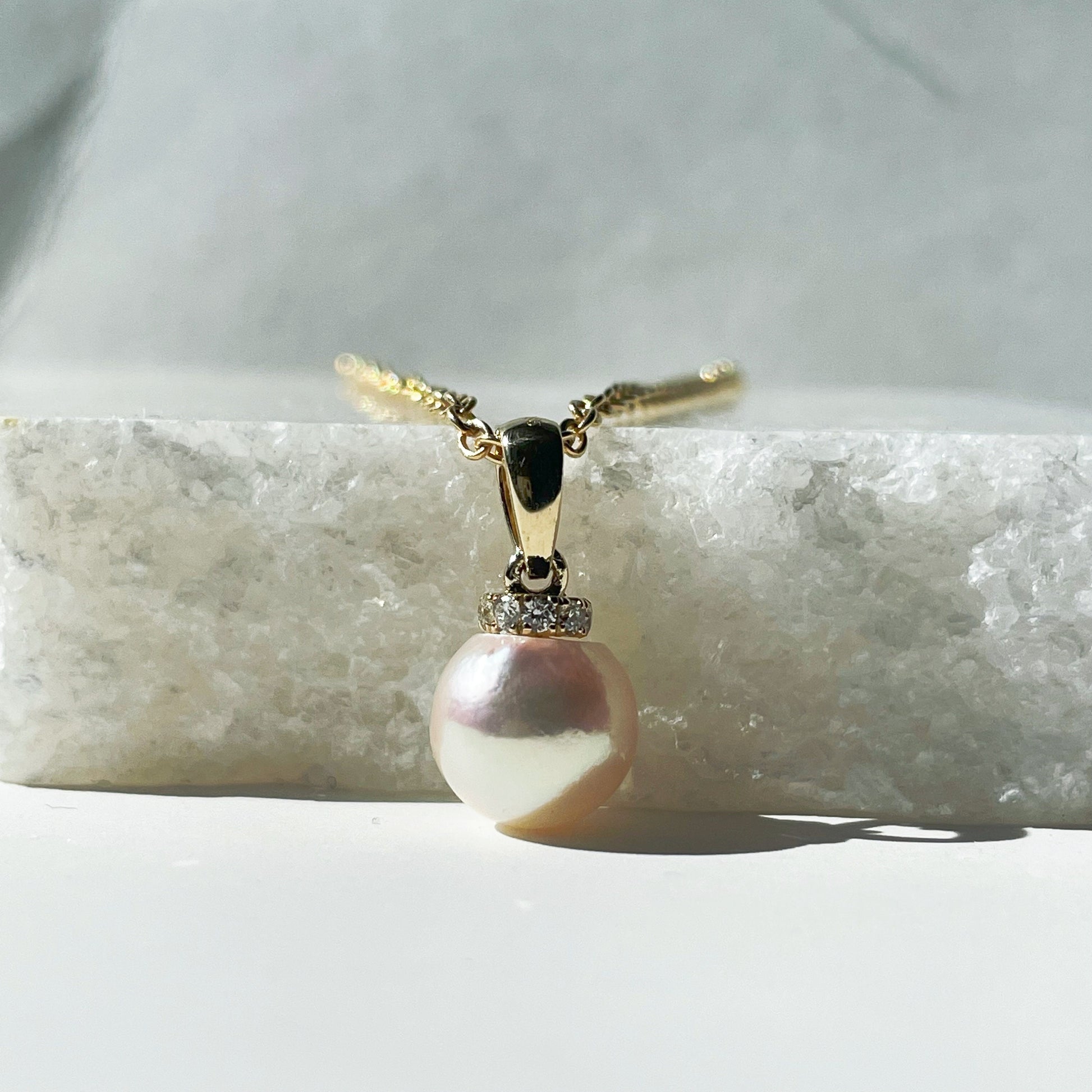 14K Solid Gold Genuine Diamond and Pearl Pendant