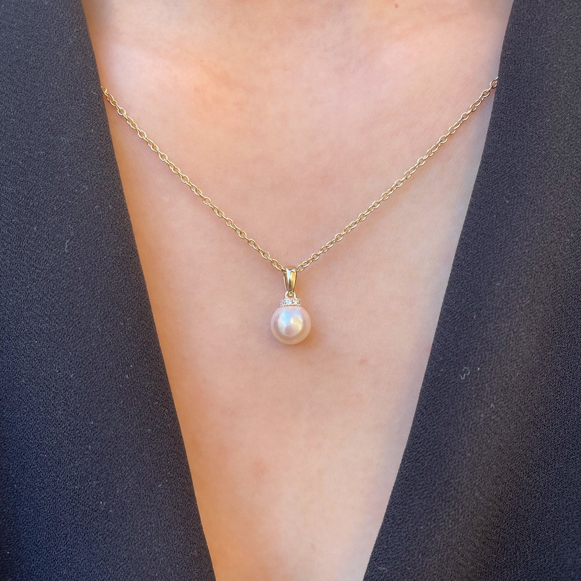 14K Solid Gold Genuine Diamond and Pearl Pendant