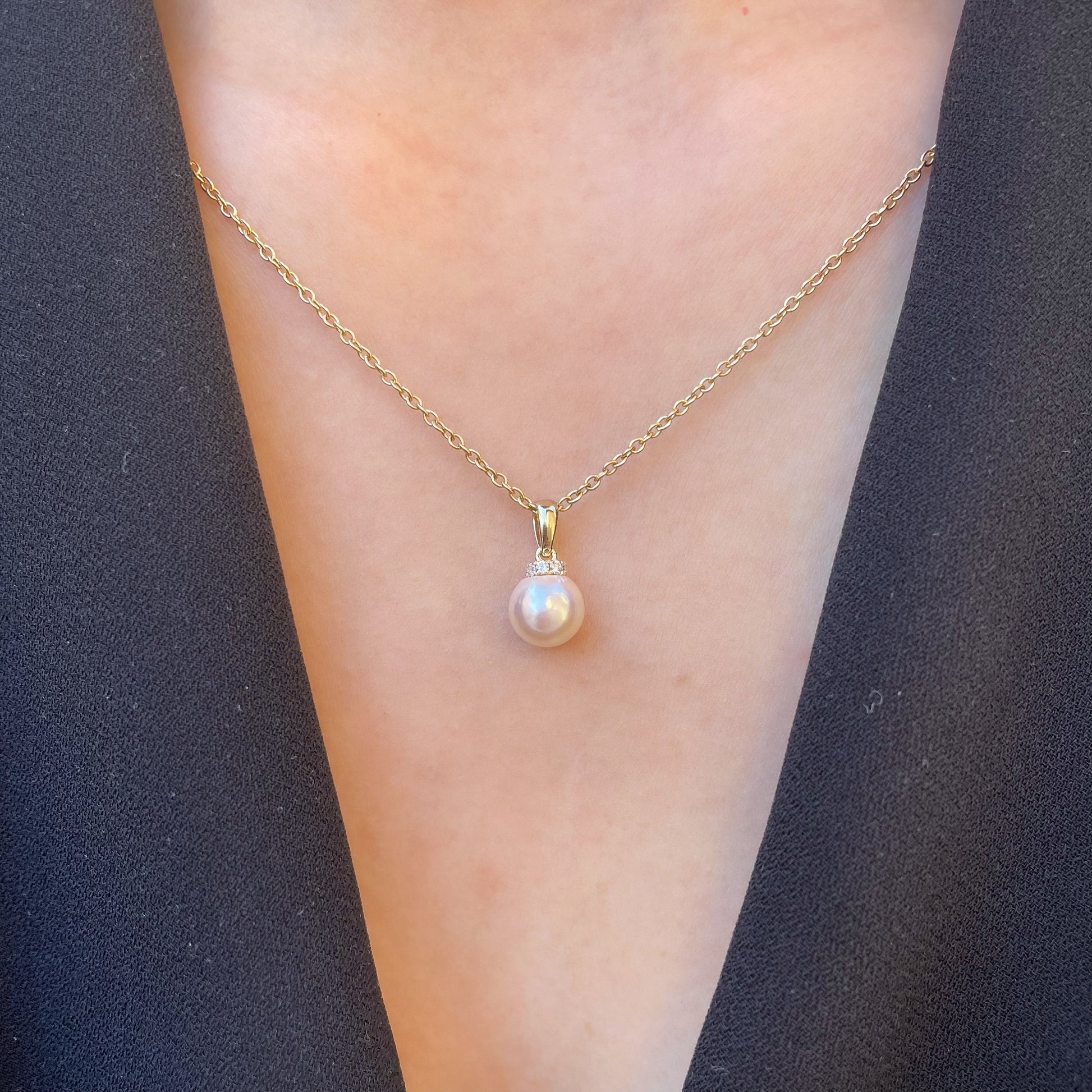 14K Solid Gold Genuine Diamond and Pearl Pendant