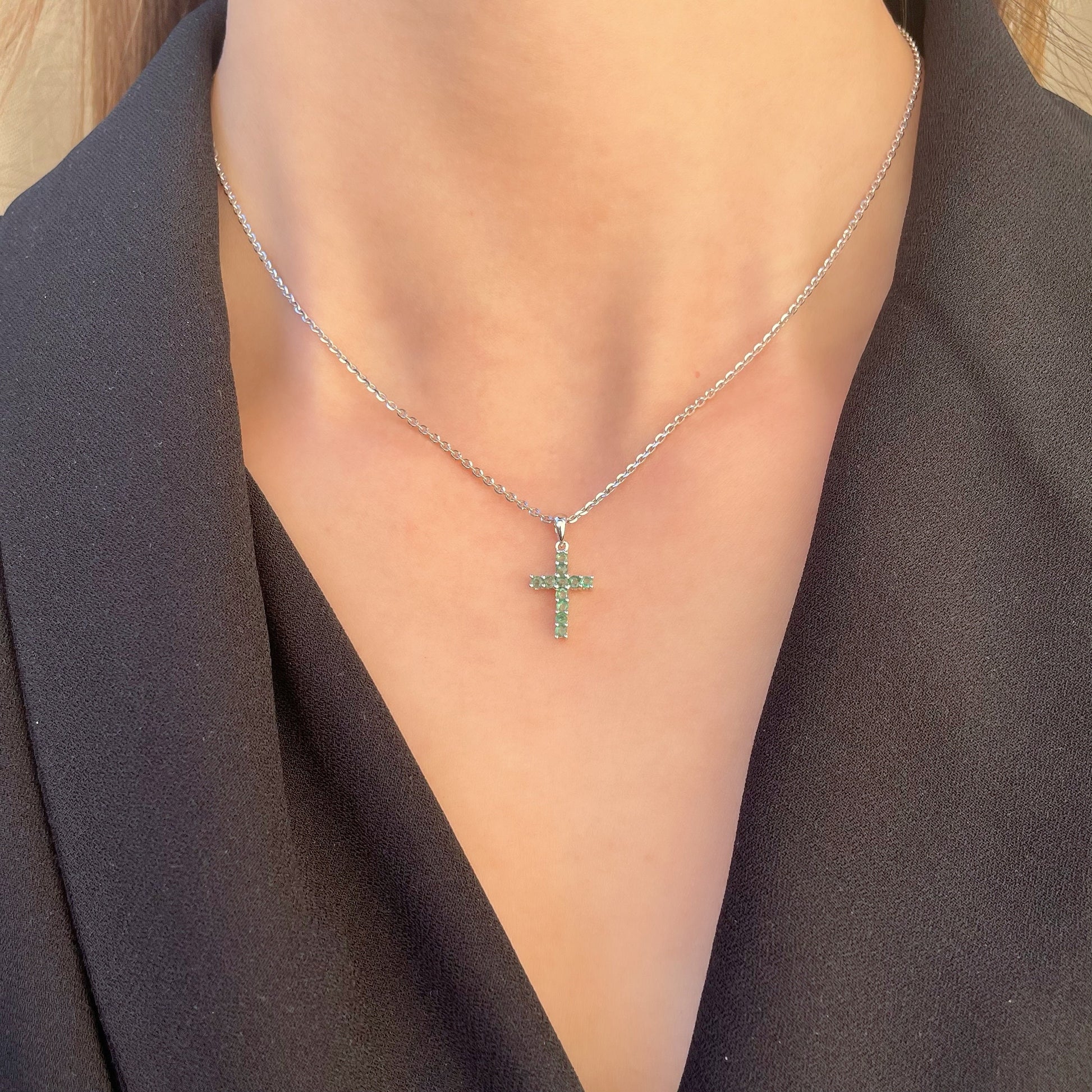 14K Solid Gold Genuine Emerald Cross Pendant