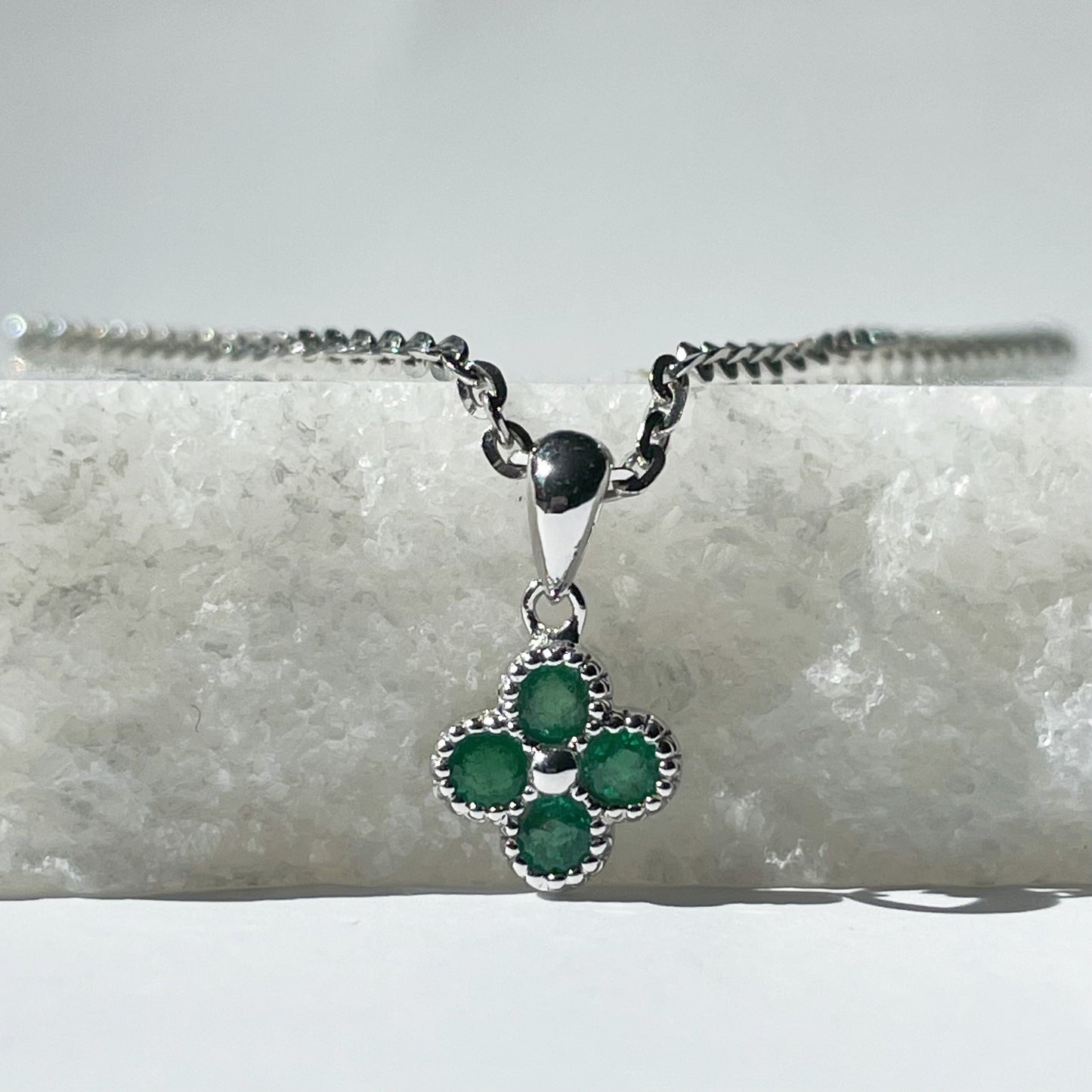 14K Solid Gold Genuine Emerald Clover Pendant