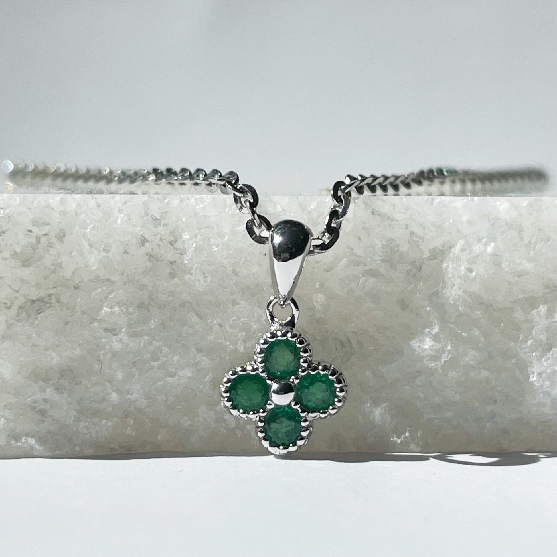 14K Solid Gold Genuine Emerald Clover Pendant