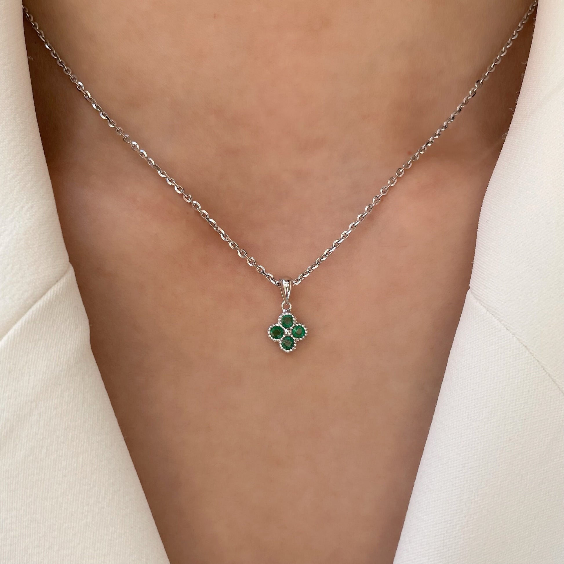 14K Solid Gold Genuine Emerald Clover Pendant