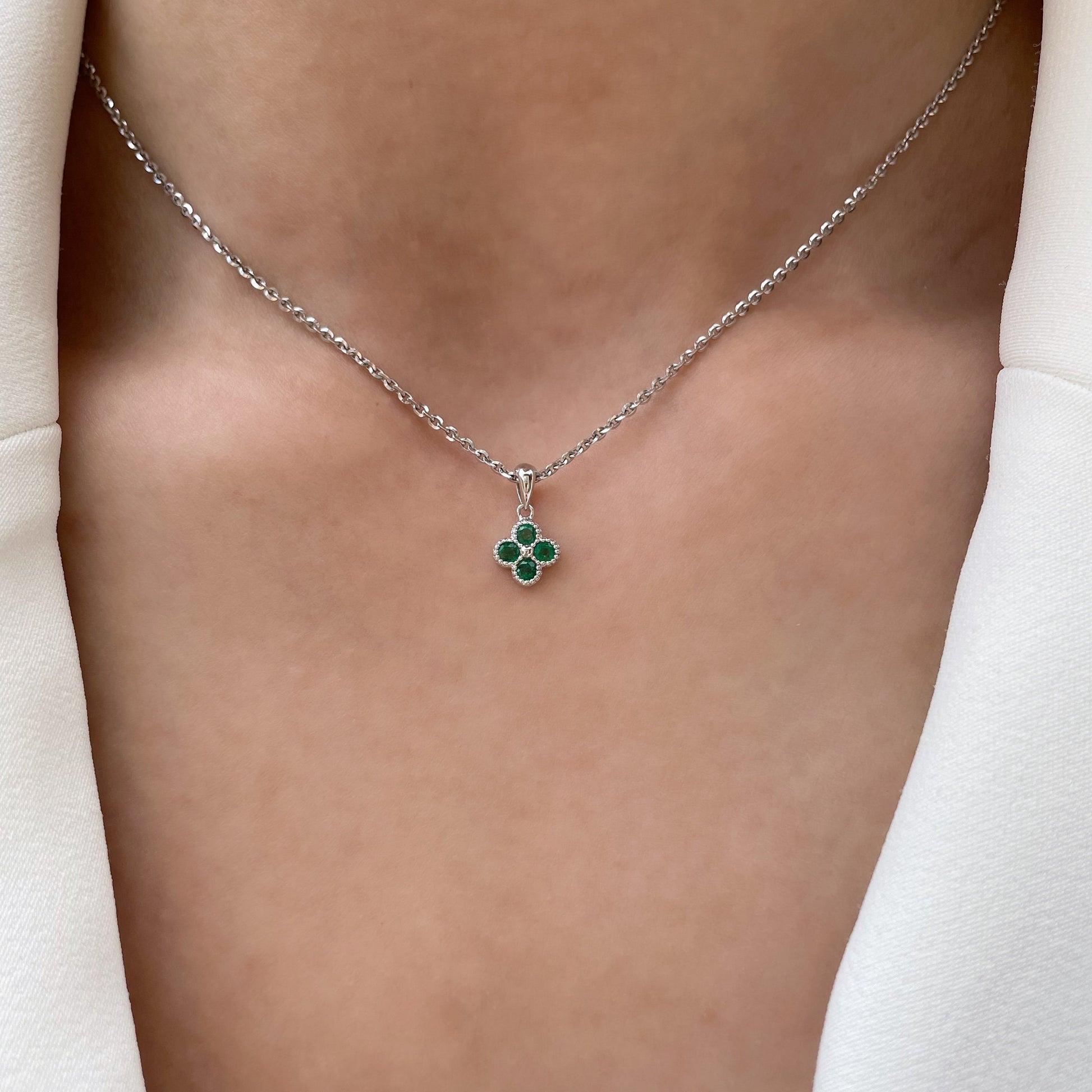 14K Solid Gold Genuine Emerald Clover Pendant