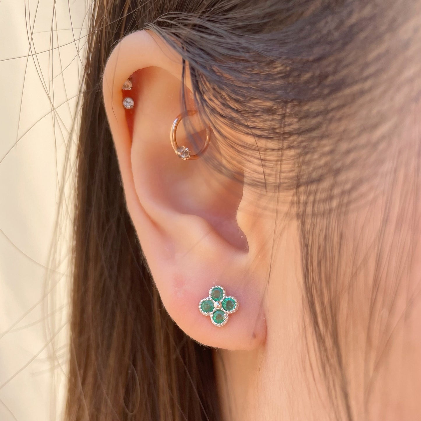 14K Solid Gold Emerald Clover Studs / Earring