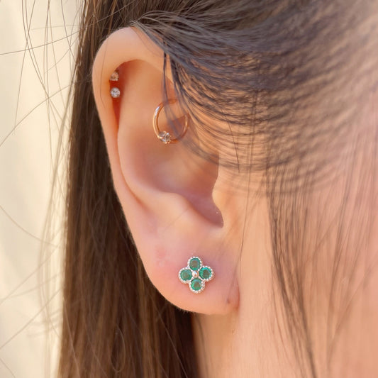 14K Solid Gold Emerald Clover Studs / Earring