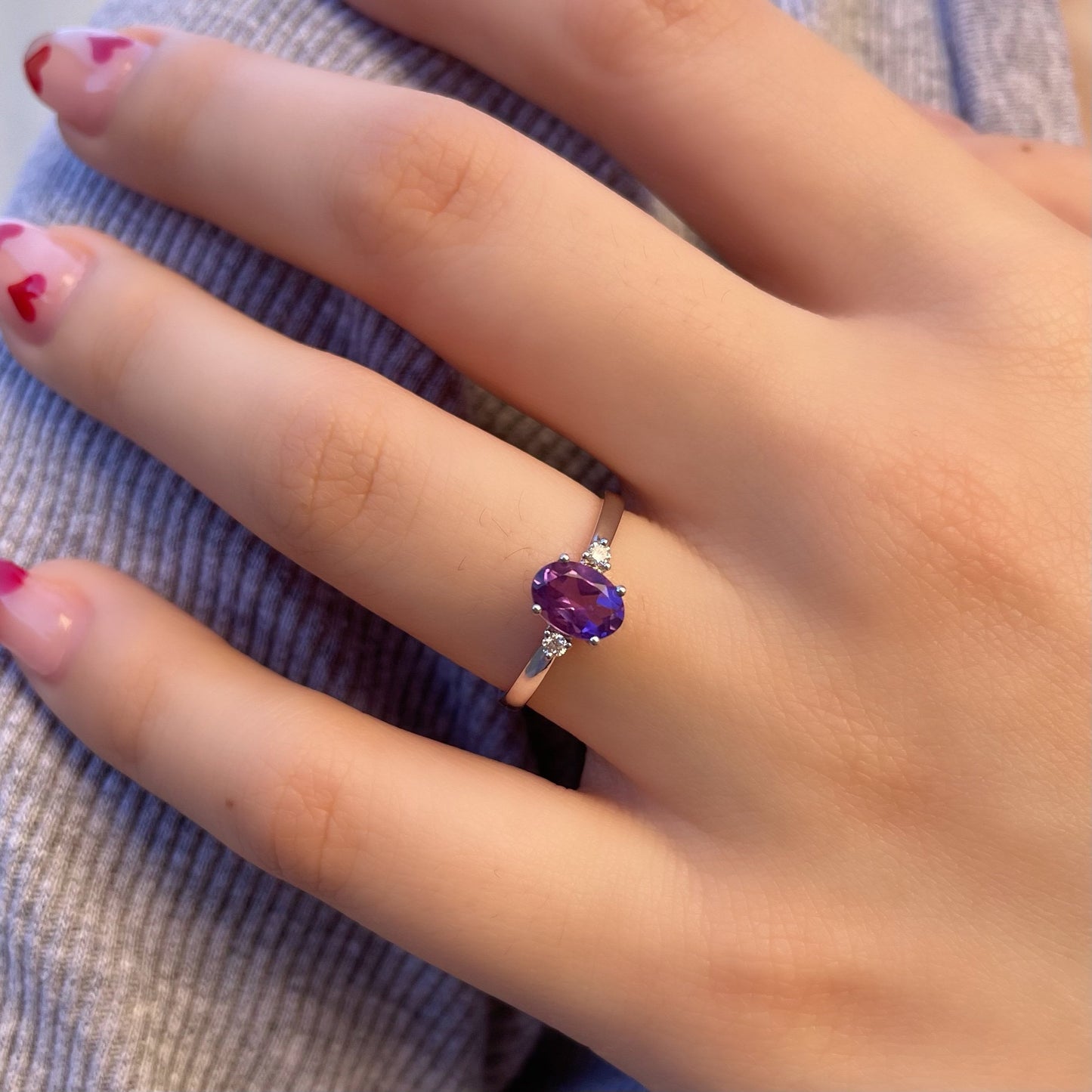 14K Solid White Gold Natural Amethyst Diamond Ring | Genuine Amethyst Engagement Ring | Oval February Birthstone Promise Ring