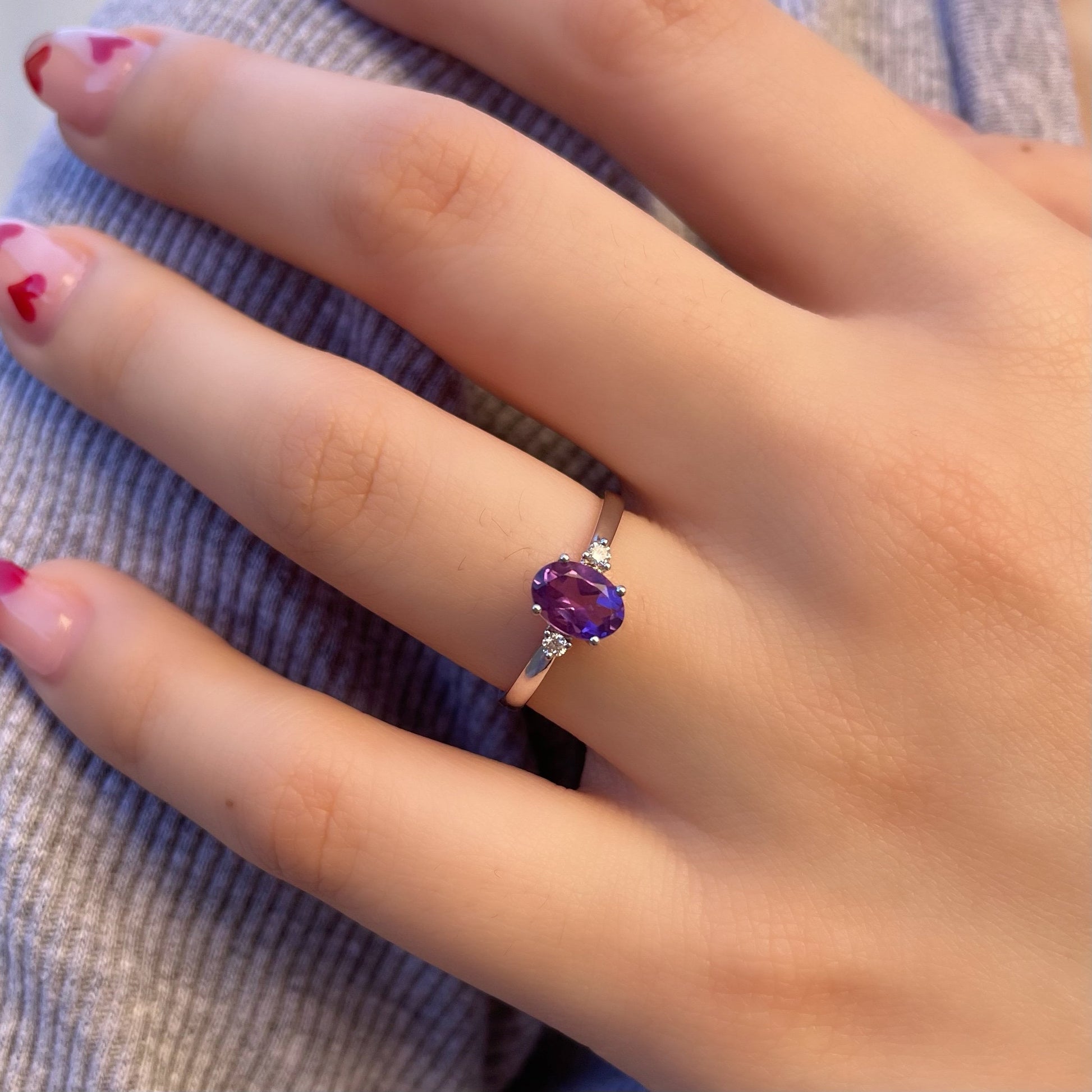 14K Solid White Gold Natural Amethyst Diamond Ring | Genuine Amethyst Engagement Ring | Oval February Birthstone Promise Ring