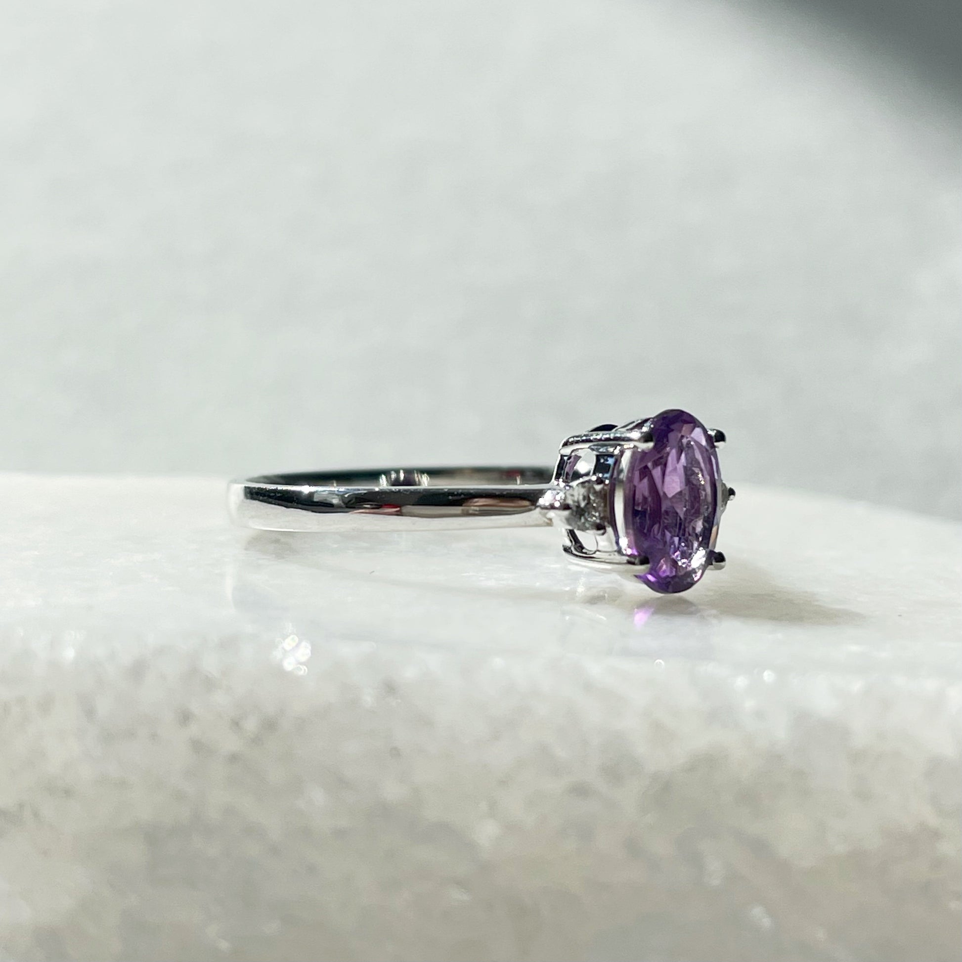 14K Solid White Gold Natural Amethyst Diamond Ring | Genuine Amethyst Engagement Ring | Oval February Birthstone Promise Ring