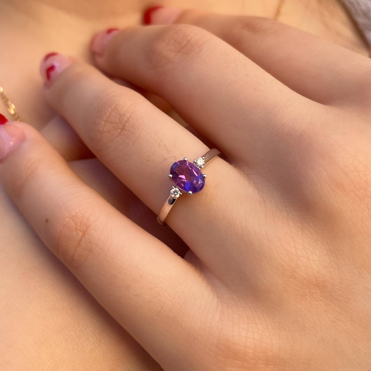 14K Solid White Gold Natural Amethyst Diamond Ring | Genuine Amethyst Engagement Ring | Oval February Birthstone Promise Ring