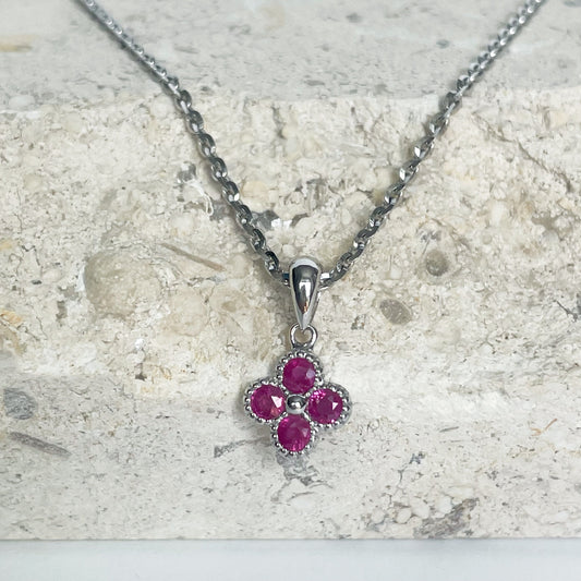 14K Solid Gold Genuine Ruby Clover Pendant