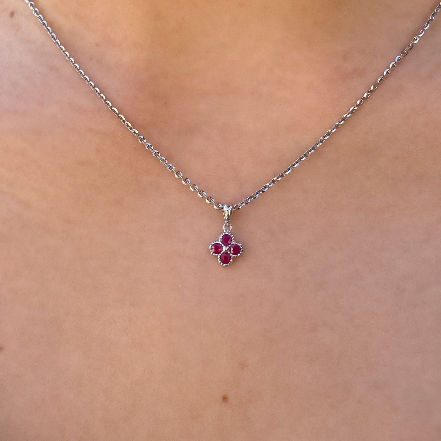 14K Solid Gold Genuine Ruby Clover Pendant